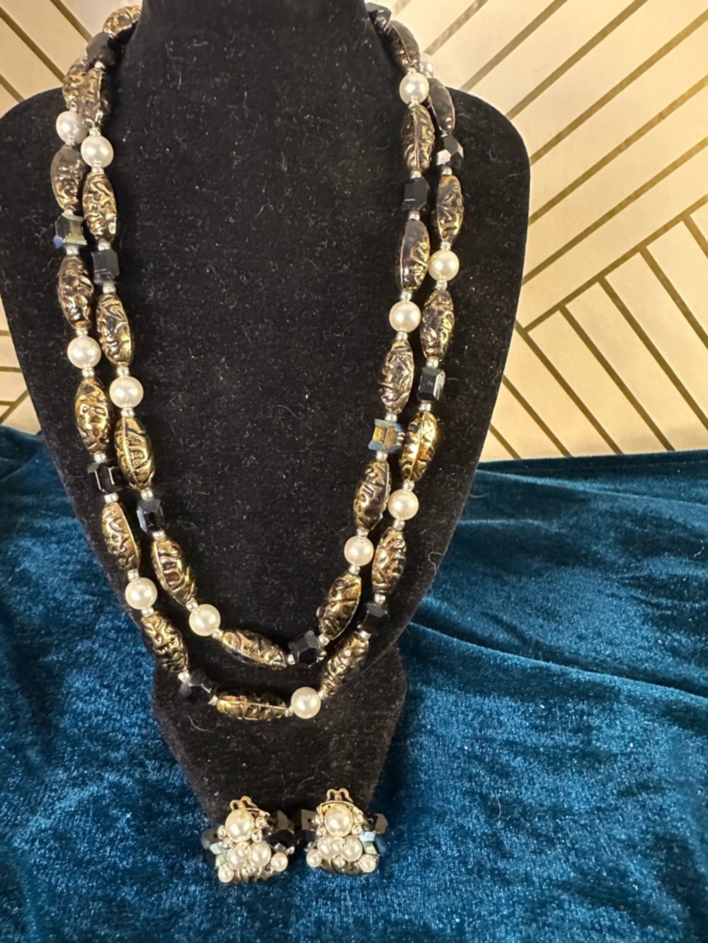 Black and Gold Double-Strand Beaded Necklace with Pearl Accents